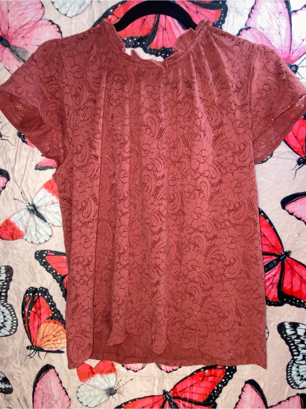 NWT Loft Petite Sparkling Pink Lace Blouse | Summer Floral Feminine Ruffle Top
